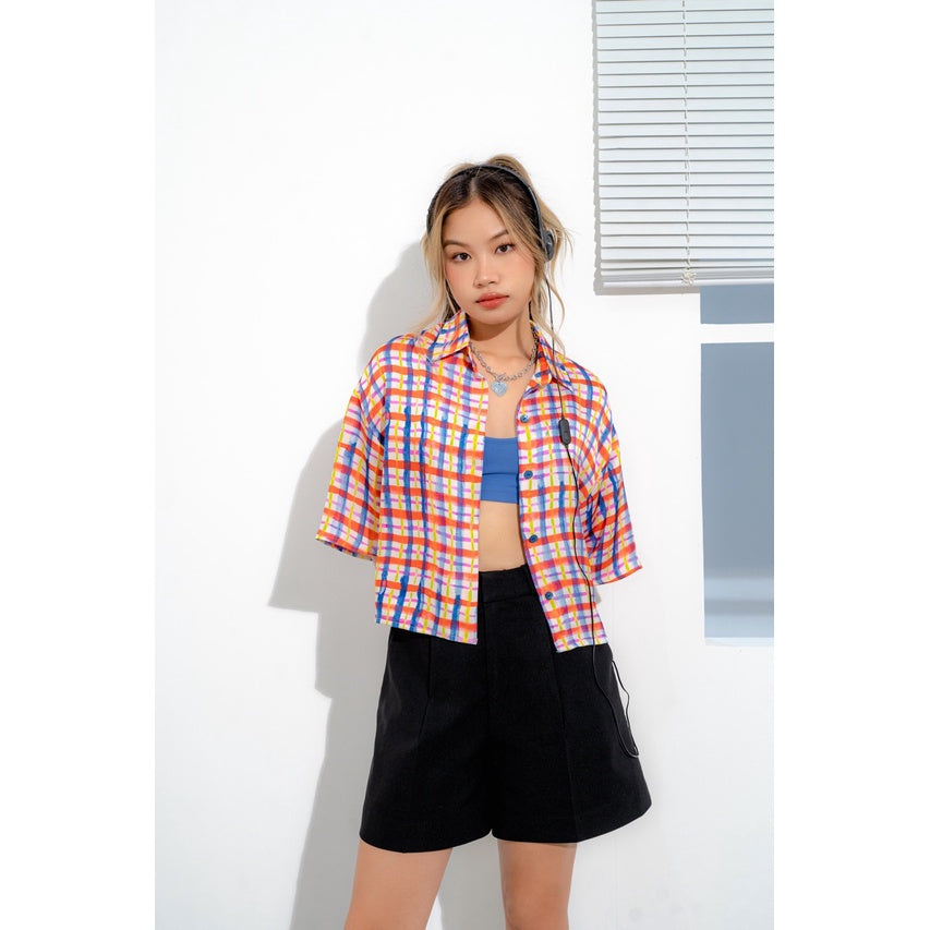 LIBÉ - Short-sleeved silk shirt with multicolored checkered patterns