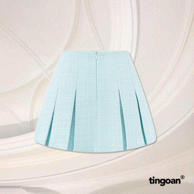 TINGOAN® - Blue tweed pleated low-waist skirt with stone buttons BABY DIAMOND SKIRT/BLUE