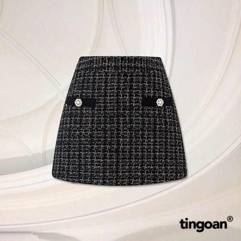 TINGOAN® - High-waisted plaid tweed skirt with pearl buttons I DID SOMETHING BAD SKIRT/KID