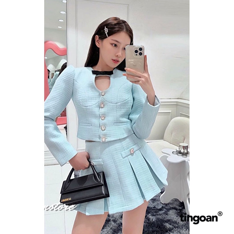 TINGOAN® - Áo tweed lửng xanh chiết eo cut-out ngực đính nơ BABY DIAMOND TOP/BLUE