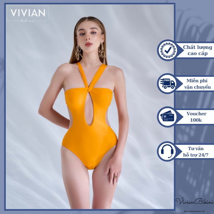 High-quality women's one-piece swimsuit with cutout shape - Orange - VS193_OR