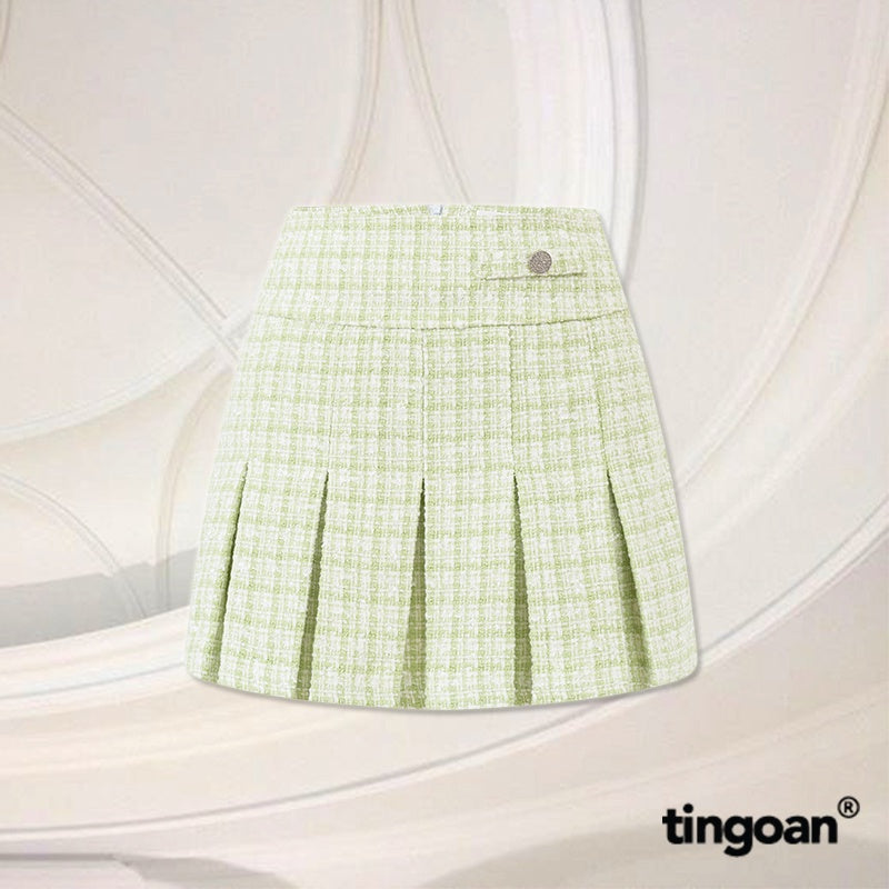 TINGOAN® - Blue tweed pleated skirt with mid-waist and bias buttons CHERRY CHAMPAGNE SKIRT/GREEN