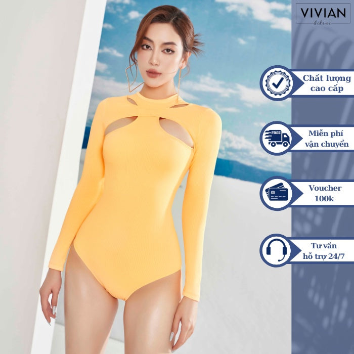 High-quality women's sexy cutout long-sleeved one-piece swimsuit - Orange Yellow - VS194_YL