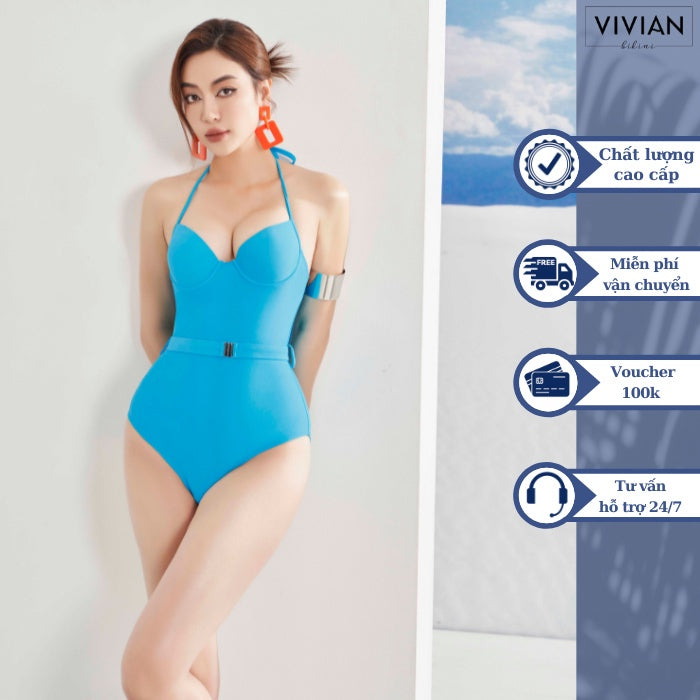 High-quality women's one-piece swimsuit with horizontal cups and stylized waist - Sky Blue - VS088_BU