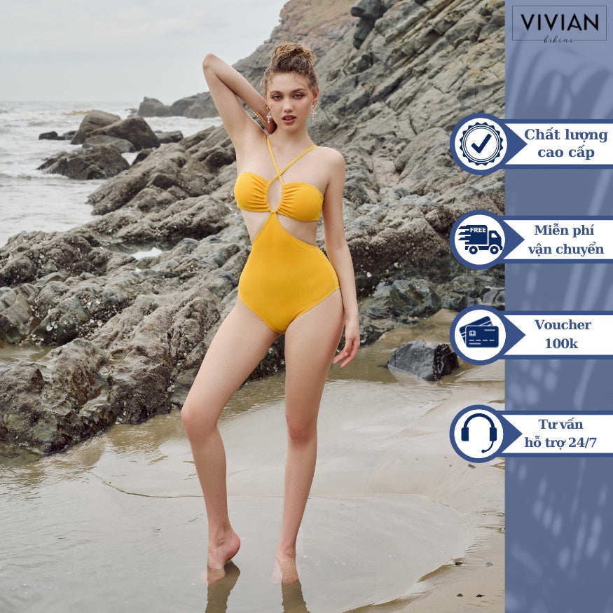 High-quality women's sexy cut-out one-piece swimsuit - Yellow - VS179_YL