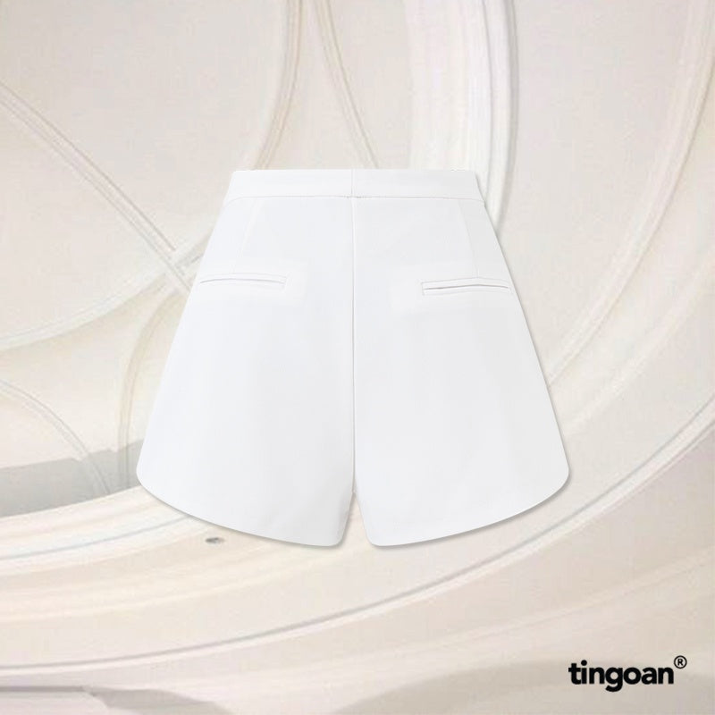 TINGOAN®  -  Quần shorts ngắn trắng cạp cao nẹp ruy băng đính kèm cúc ANTI MONEY SHORTS/WH