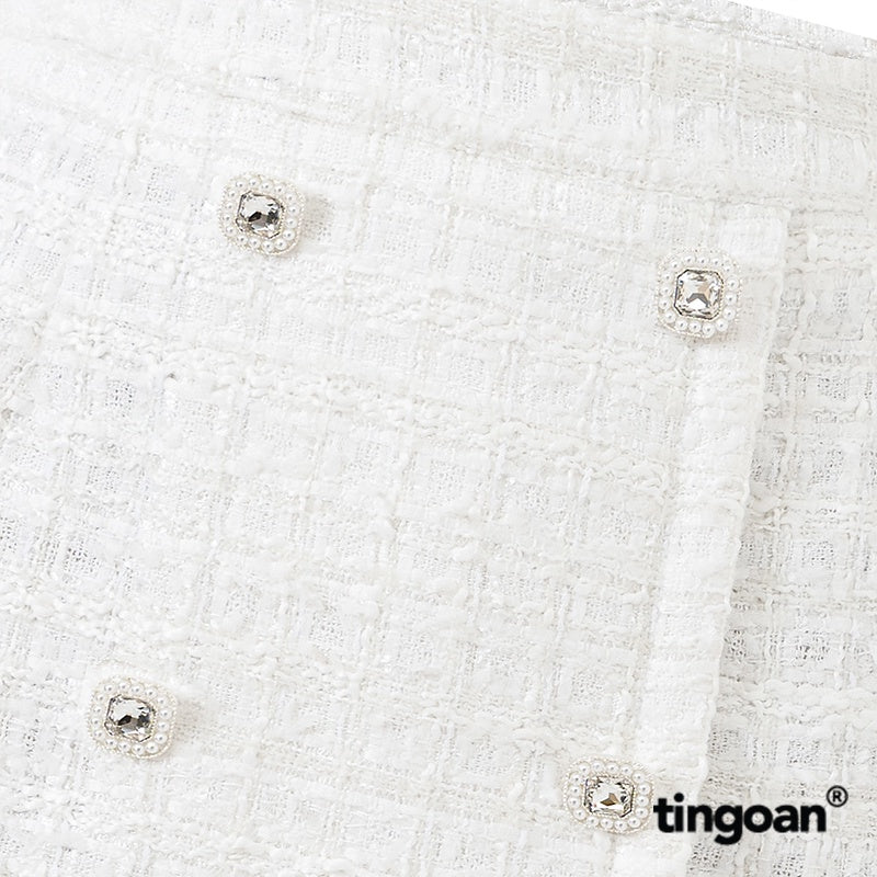 TINGOAN® - Chân váy tweed trắng cạp cao vạt lệch đính cúc đá trắng (có quần trong) PRETTY SNOW SKIRT/WH