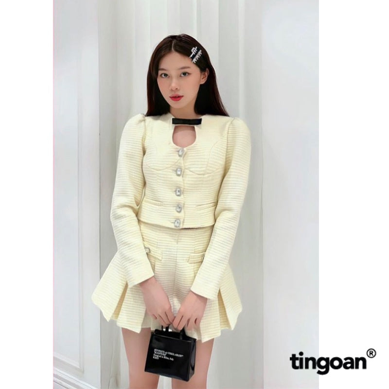 TINGOAN® - Light yellow tweed shirt with cut-out waist and bow tie BABY DIAMOND TOP/YL