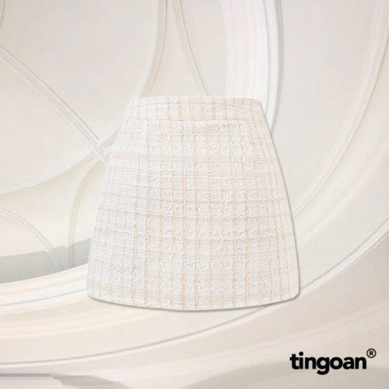 TINGOAN® - Chân váy tweed nude cạp cao vạt lệch đính cúc đá (có quần trong) PRETTY SNOW SKIRT/ND