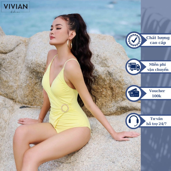 High-quality women's one-piece swimsuit with V-neck, stylized belt - Yellow - VS169_YL