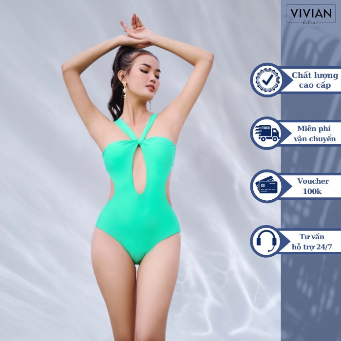 High-quality women's one-piece swimsuit with cutout shape - Green - VS193_GN