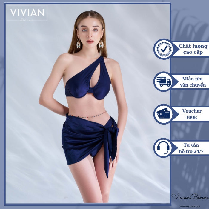 High-quality women's swimsuit in a two-piece frame with a stylized cover skirt - Dark blue - VS176_NV