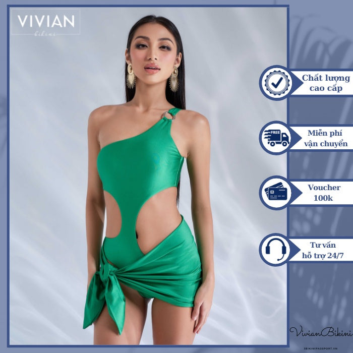 High-quality women's one-piece cutout off-shoulder swimsuit &amp; stylized cover skirt combination - Green - VS175_GN