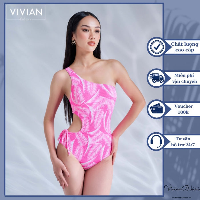 High-quality women's one-piece swimsuit with off-shoulder, cutout waist - Pink - VS201_PK