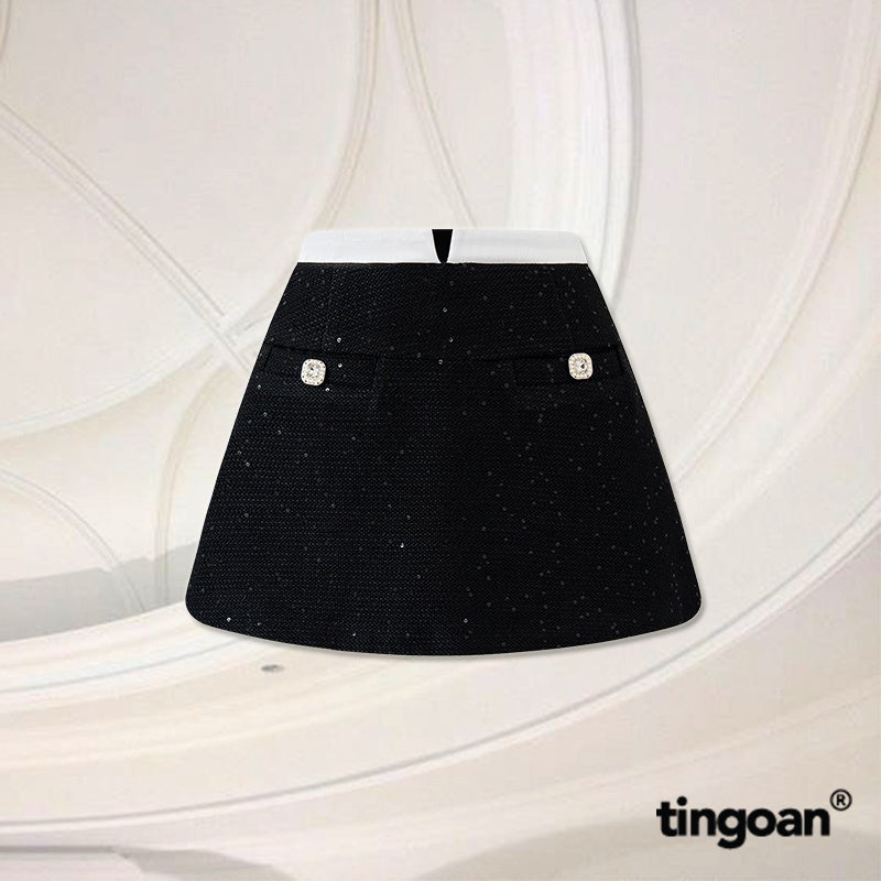 TINGOAN® - Black tweed skirt with V-slit mid-rise and SUPER STAR TWEED SKIRT/BL