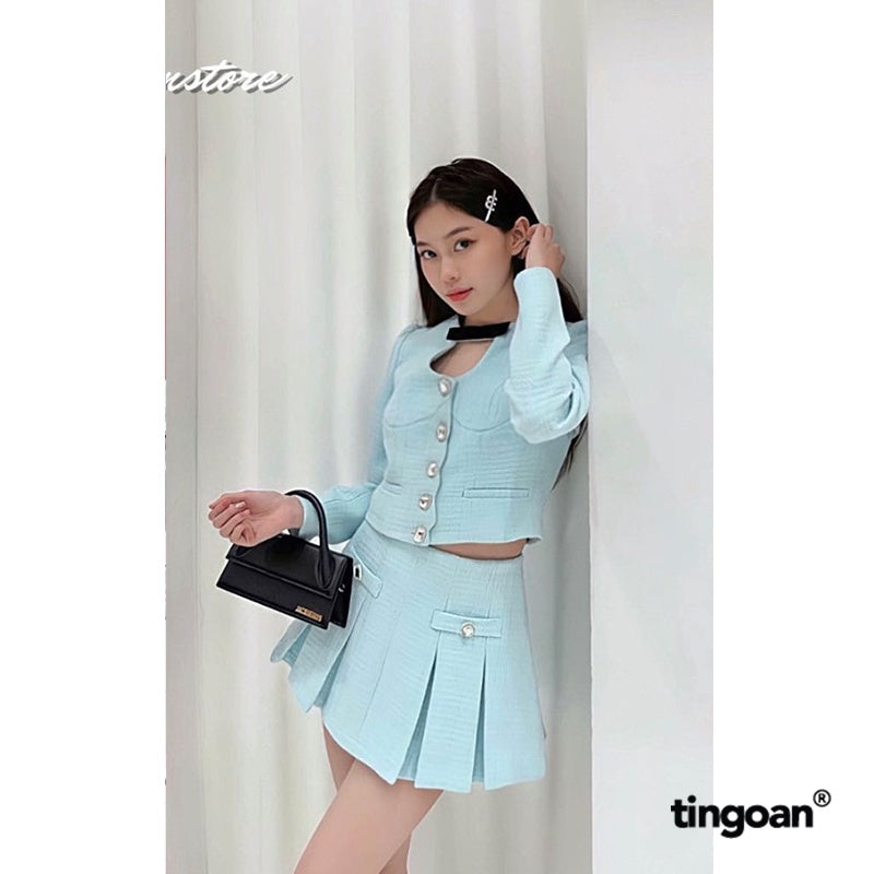 TINGOAN® - Áo tweed lửng xanh chiết eo cut-out ngực đính nơ BABY DIAMOND TOP/BLUE