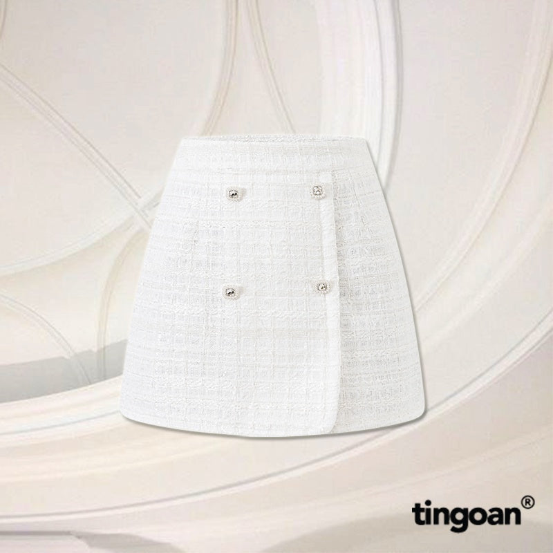 TINGOAN® - Chân váy tweed trắng cạp cao vạt lệch đính cúc đá trắng (có quần trong) PRETTY SNOW SKIRT/WH