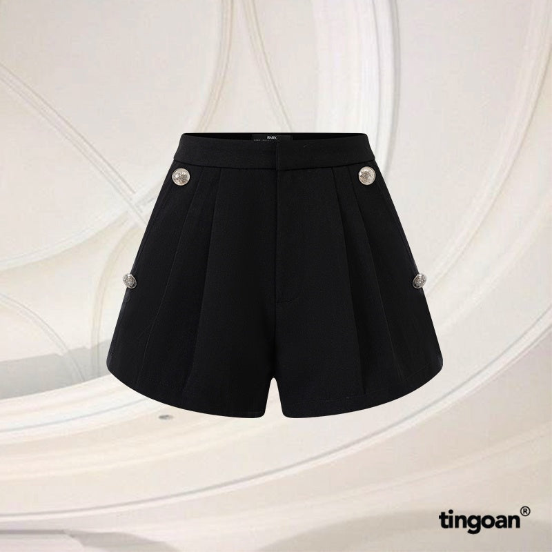 TINGOAN® - Quần shorts ngắn đen cạp cao nẹp ruy băng đính kèm cúc ANTI MONEY SHORTS/BL