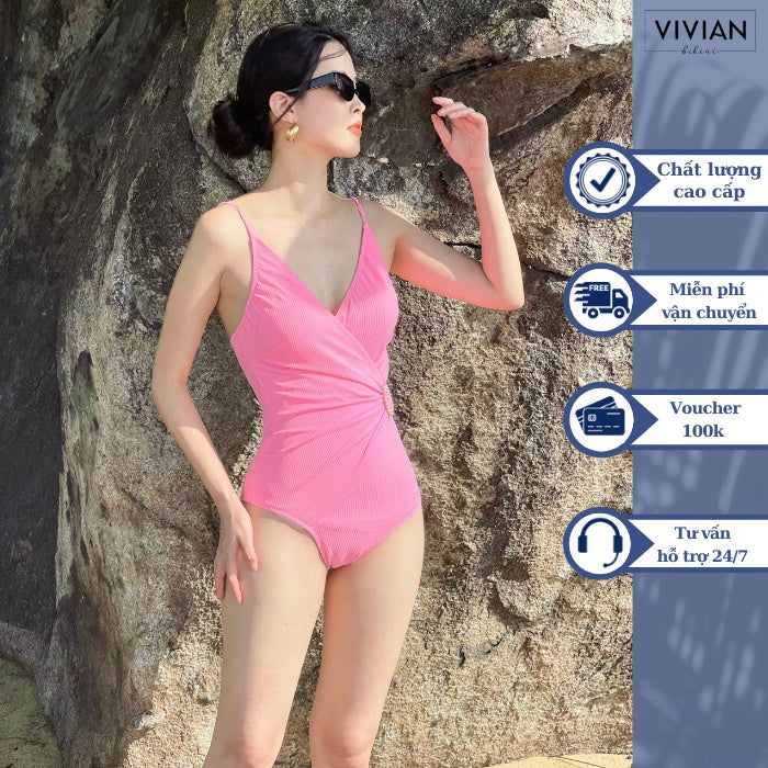 High-quality women's one-piece swimsuit with V-neck and stylized belt - Pink - VS169_PK