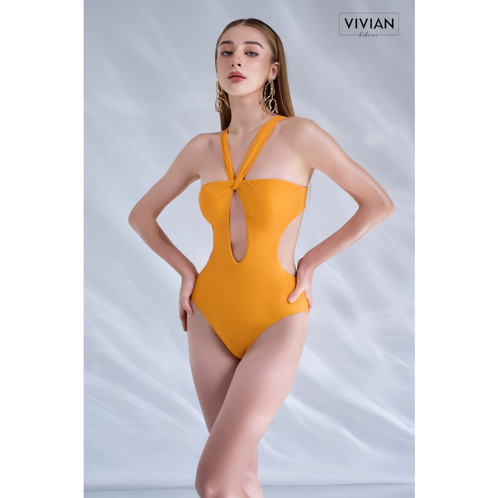 High-quality women's one-piece swimsuit with cutout shape - Orange - VS193_OR