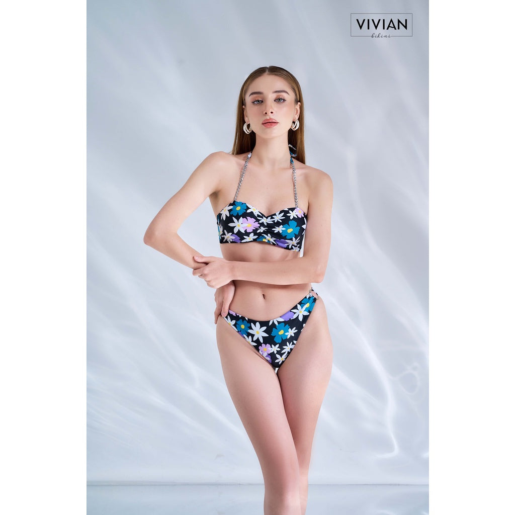 High-quality women's two-piece swimsuit with silver chain - Floral color - VS171_FLO