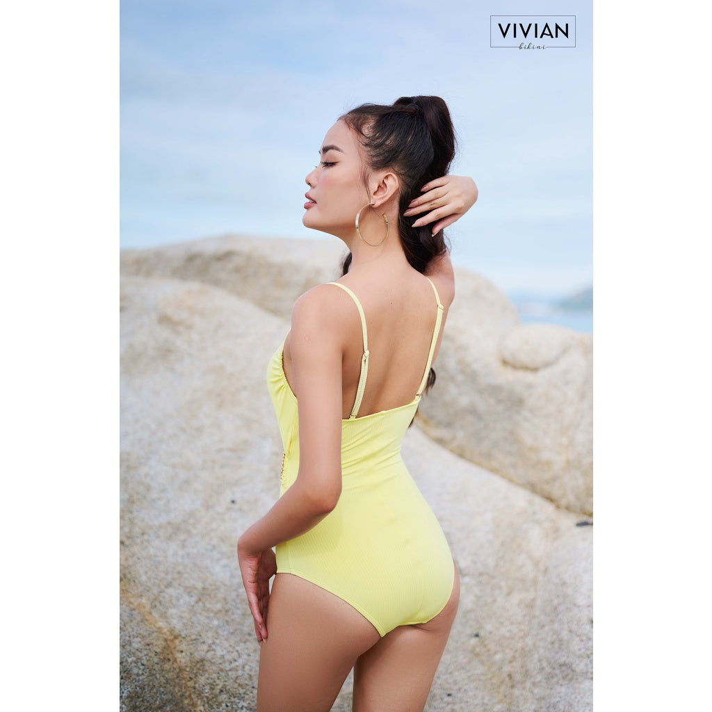 High-quality women's one-piece swimsuit with V-neck, stylized belt - Yellow - VS169_YL