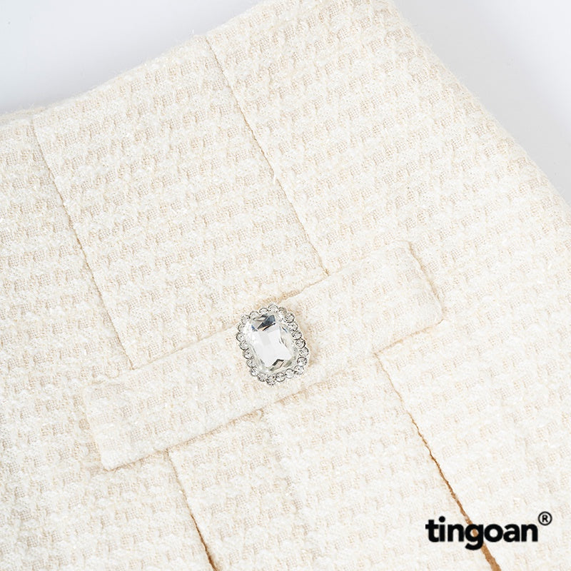 TINGOAN®  - Chân váy cạp thường xếp ly tweed vàng nhạt đính cúc đá BABY DIAMOND SKIRT/YL