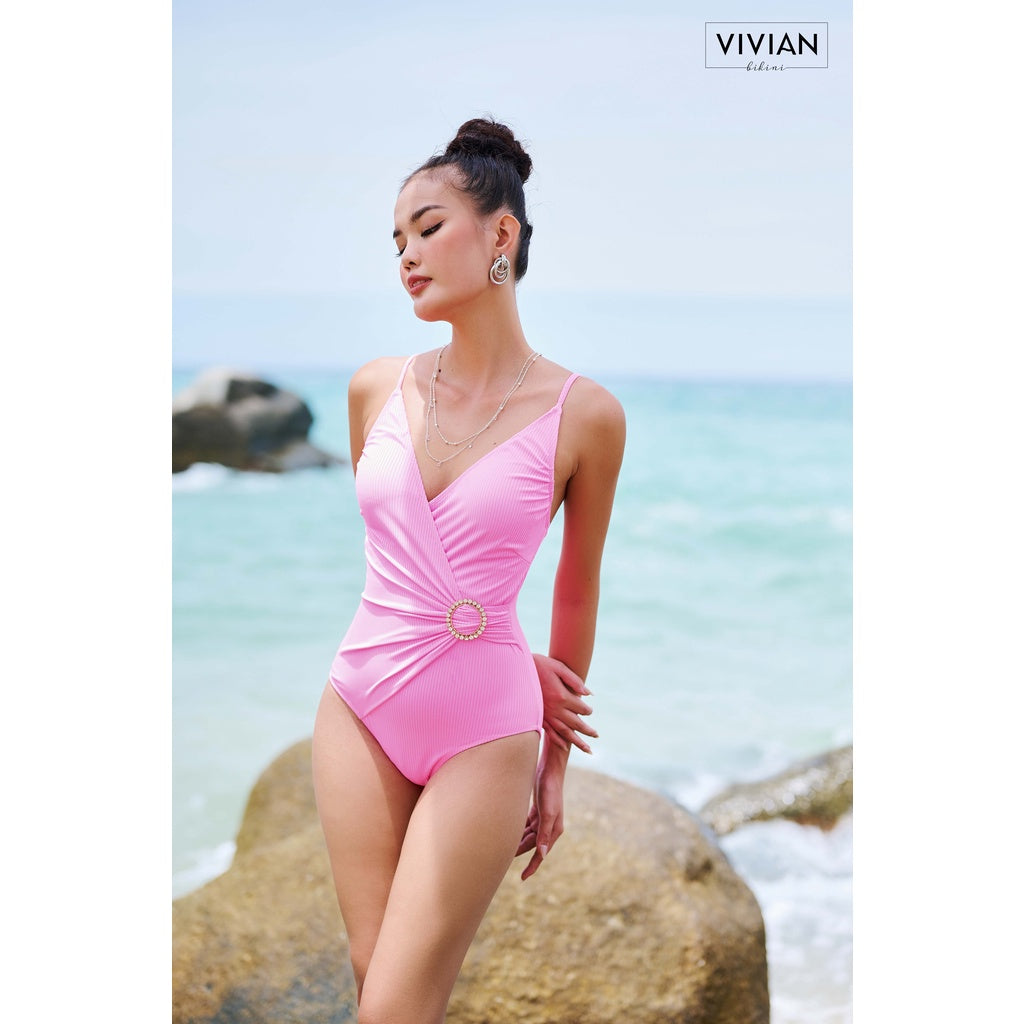 High-quality women's one-piece swimsuit with V-neck and stylized belt - Pink - VS169_PK