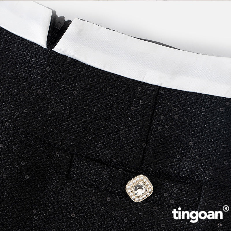 TINGOAN®  - Chân váy tweed đen cạp lửng xẻ V cạp SUPER STAR TWEED SKIRT/BL