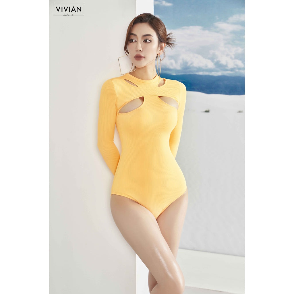 High-quality women's sexy cutout long-sleeved one-piece swimsuit - Orange Yellow - VS194_YL