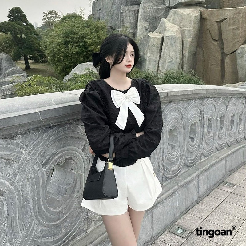 TINGOAN® - Black round neck shirt with bow tie and jade buttons CANDY YUMYUM TOP/BL