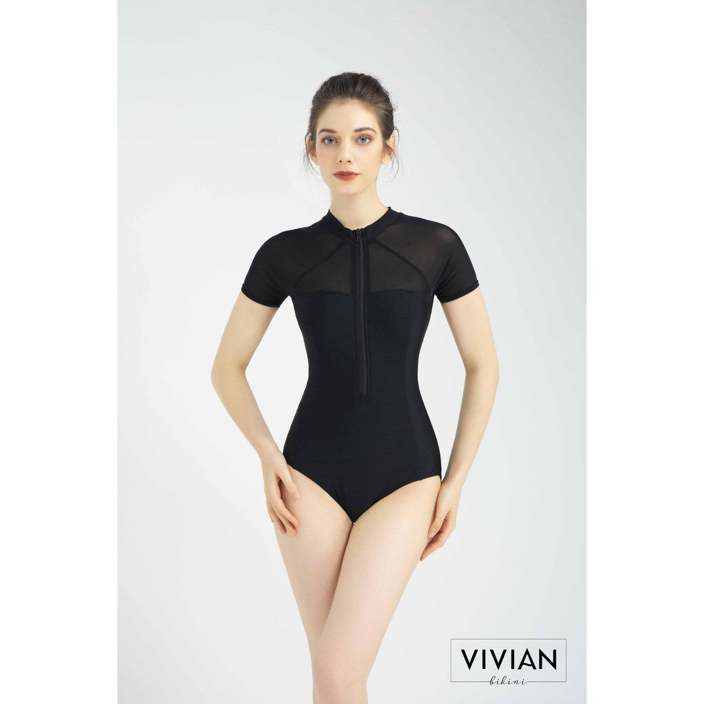 VIVIAN Women's swimsuit, one-piece with mesh sleeves - Black - VS134_BL