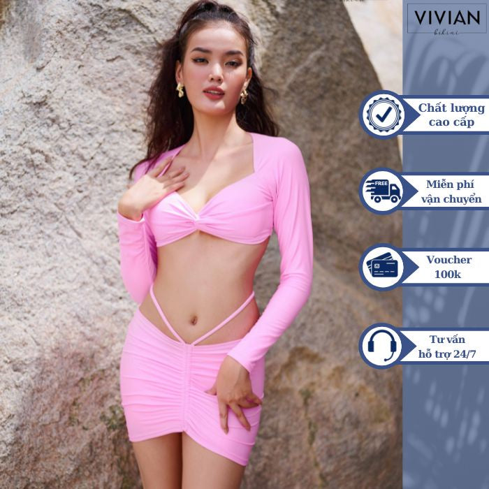 High-quality women's swimsuit in two-piece long-sleeved shirt, shorts and skirt with stylized straps - Pink - VS195_PK