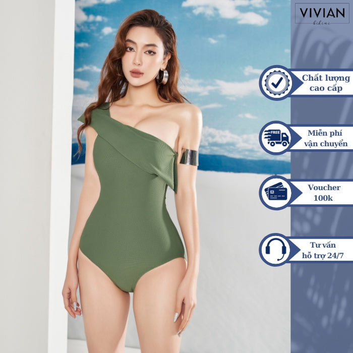 High-quality women's one-piece off-shoulder swimsuit with large hem - moss green - VS079_MS