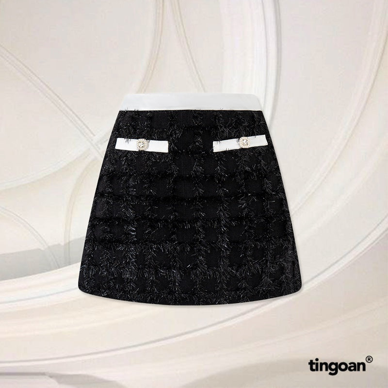 TINGOAN® - Black tweed skirt with mid-waist plaid fur and stone buttons MY BEIBI SKIRT/BL