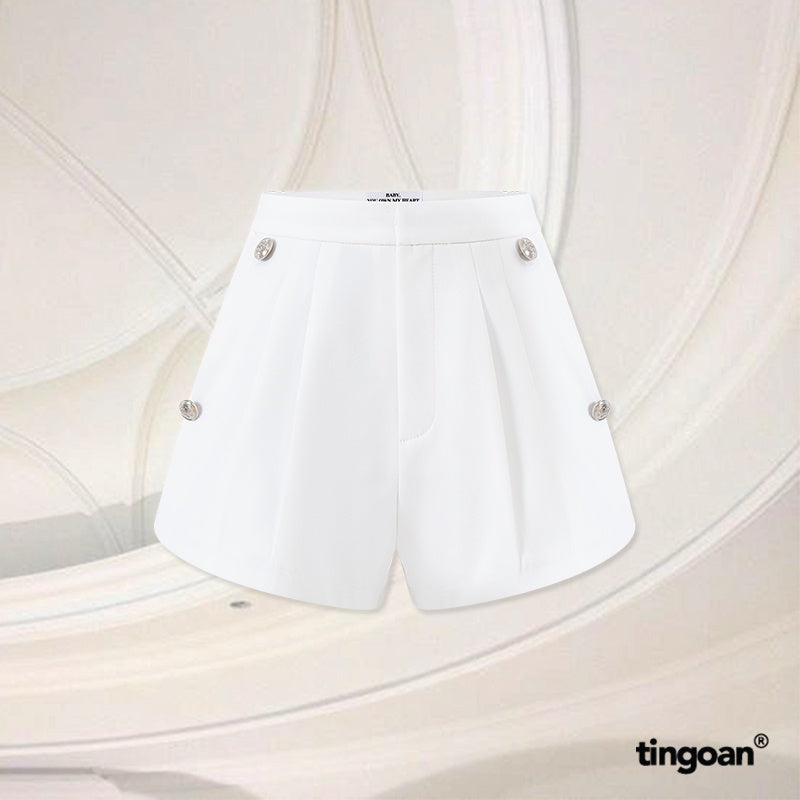 TINGOAN® - High-waisted white shorts with ribbon and buttons ANTI MONEY SHORTS/WH