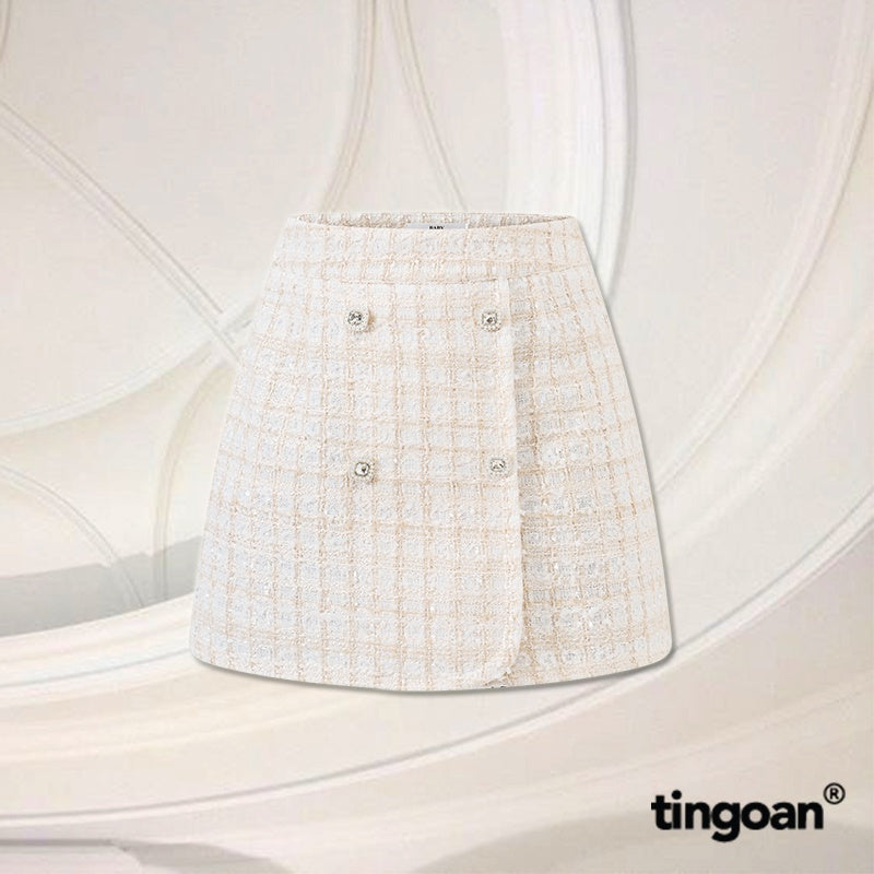 TINGOAN® - Chân váy tweed nude cạp cao vạt lệch đính cúc đá (có quần trong) PRETTY SNOW SKIRT/ND