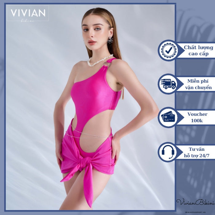 High-end women's one-piece cutout off-shoulder swimsuit &amp; stylized cover skirt combination - Pink - VS175_PK