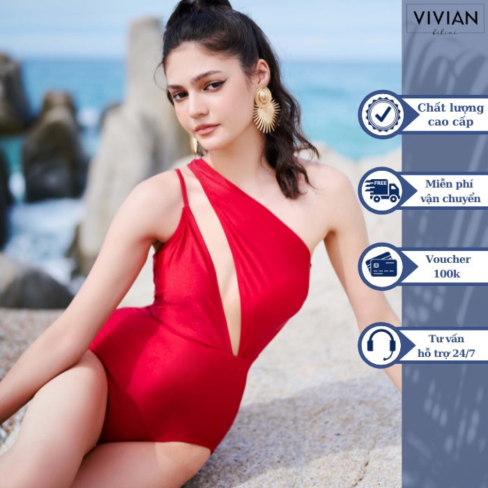 High-quality women's swimsuit, one-piece off-shoulder top, stylized double straps - Red - VS184_RD