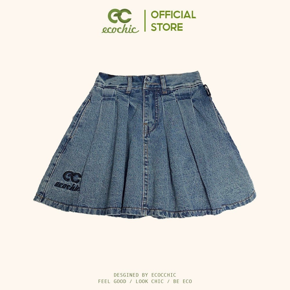 ECOCHIC DENIM SKIRT Short Pleated Skirt with Pants Made of High Quality Jeans F395