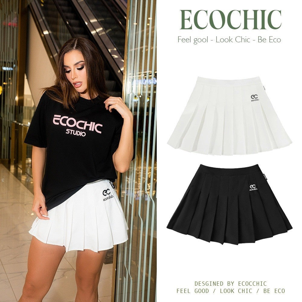 ECOCHIC Short Flared Pleated Skirt Basic Logo Embroidered High Quality Material Black and White F204