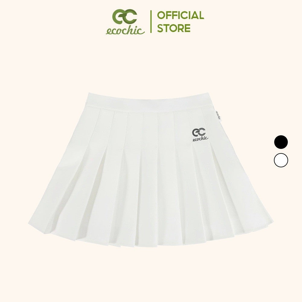 ECOCHIC Short Flared Pleated Skirt Basic Logo Embroidered High Quality Material Black and White F204