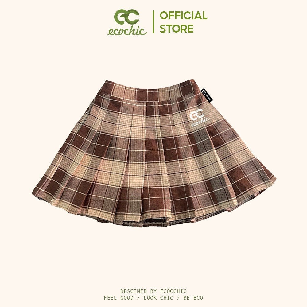 Chân Váy Xếp Li Ngắn Dáng Xoè ECOCHIC SKIRT TARTAN Hoạ Tiết Thổ Cẩm Nâu Tím Đỏ F135