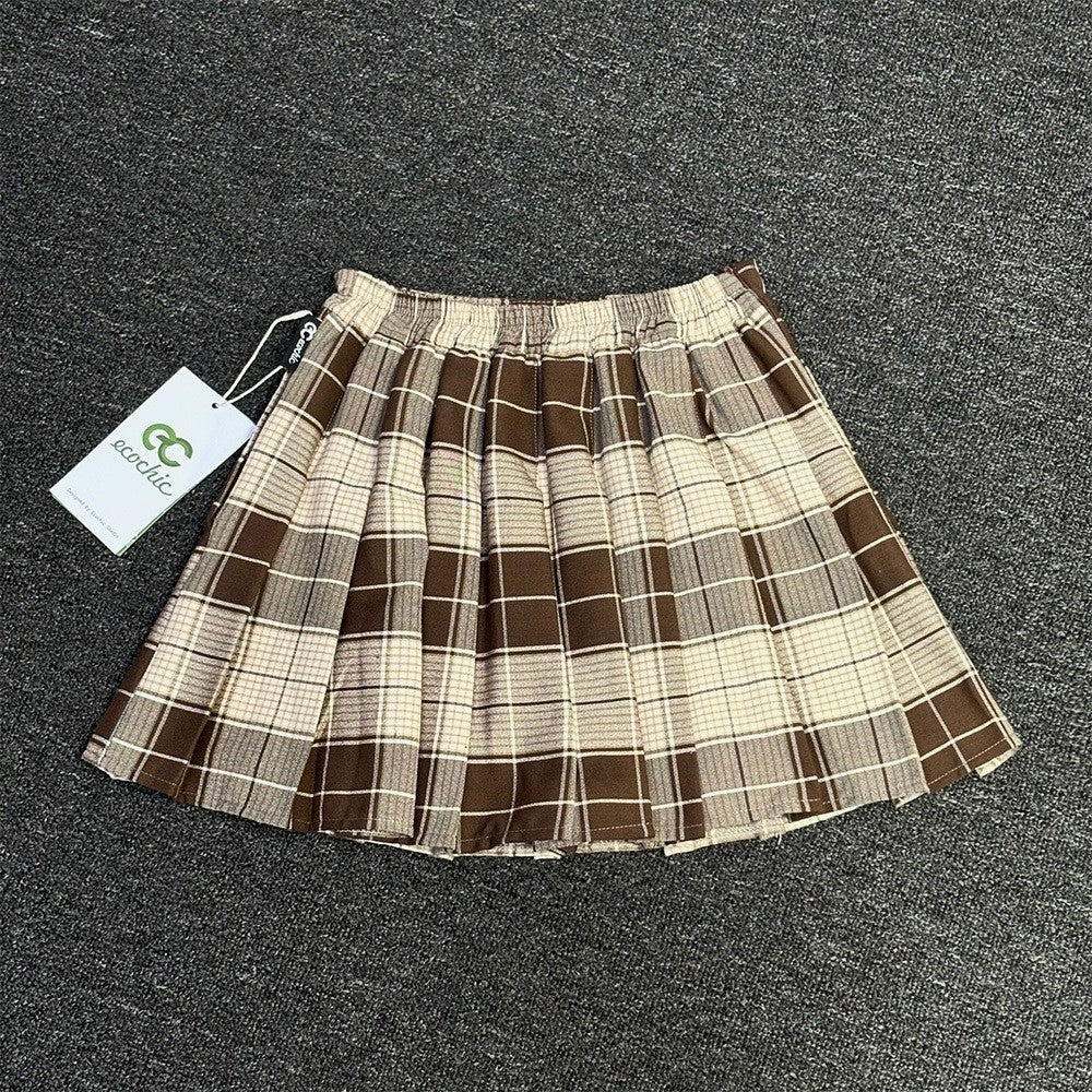 ECOCHIC SKIRT TARTAN Short Pleated Skirt with Brocade Pattern Brown Purple Red F135