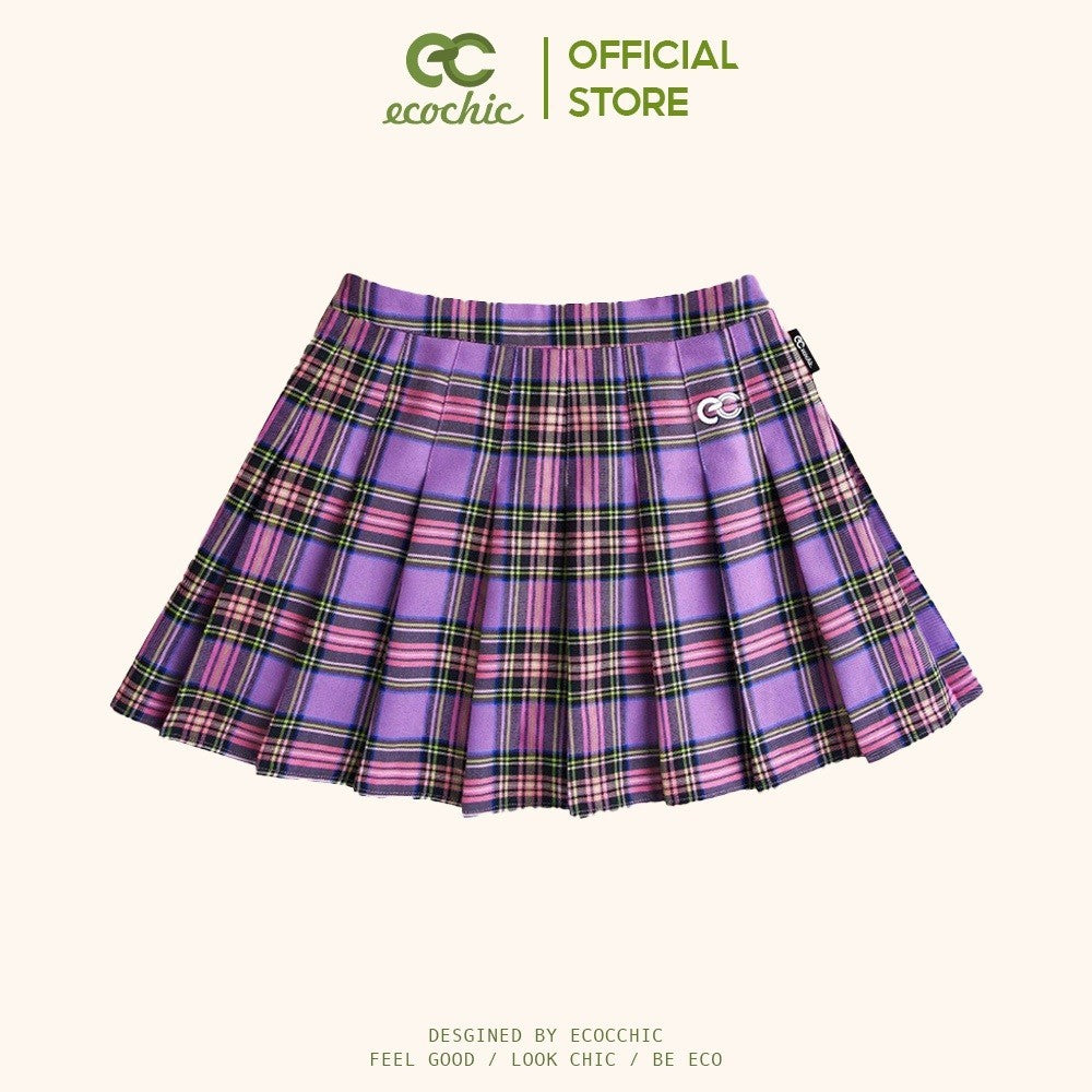 Chân Váy Xếp Li Ngắn Dáng Xoè ECOCHIC TARTAN SKIRT Hoạ Tiết Thổ Cẩm Tím Đỏ Ghi F135