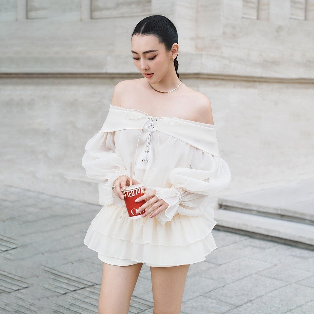 RECHIC Elvina style off-the-shoulder, flared shirt with elegant ladylike chest strap