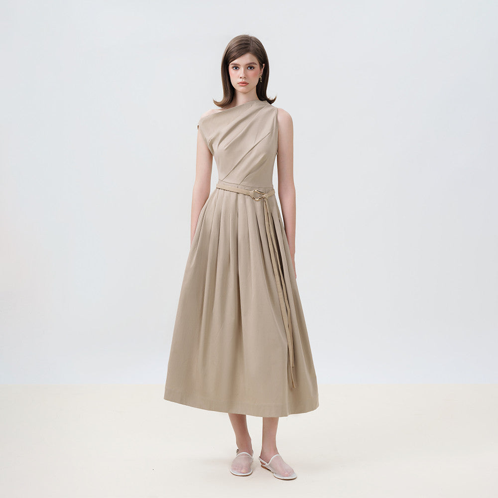 RECHIC Mally long dress with elegant off-the-shoulder pleats and waist tie