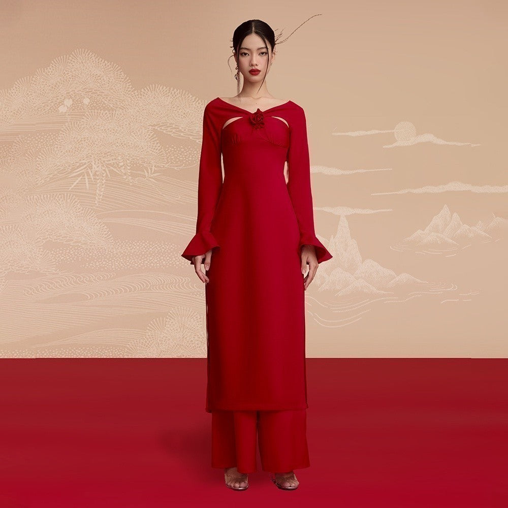 [BUY SHIRT AND GET PANTS] RECHIC An Chi Ao Dai with a bow on the chest and flared wrists, elegant and gentle