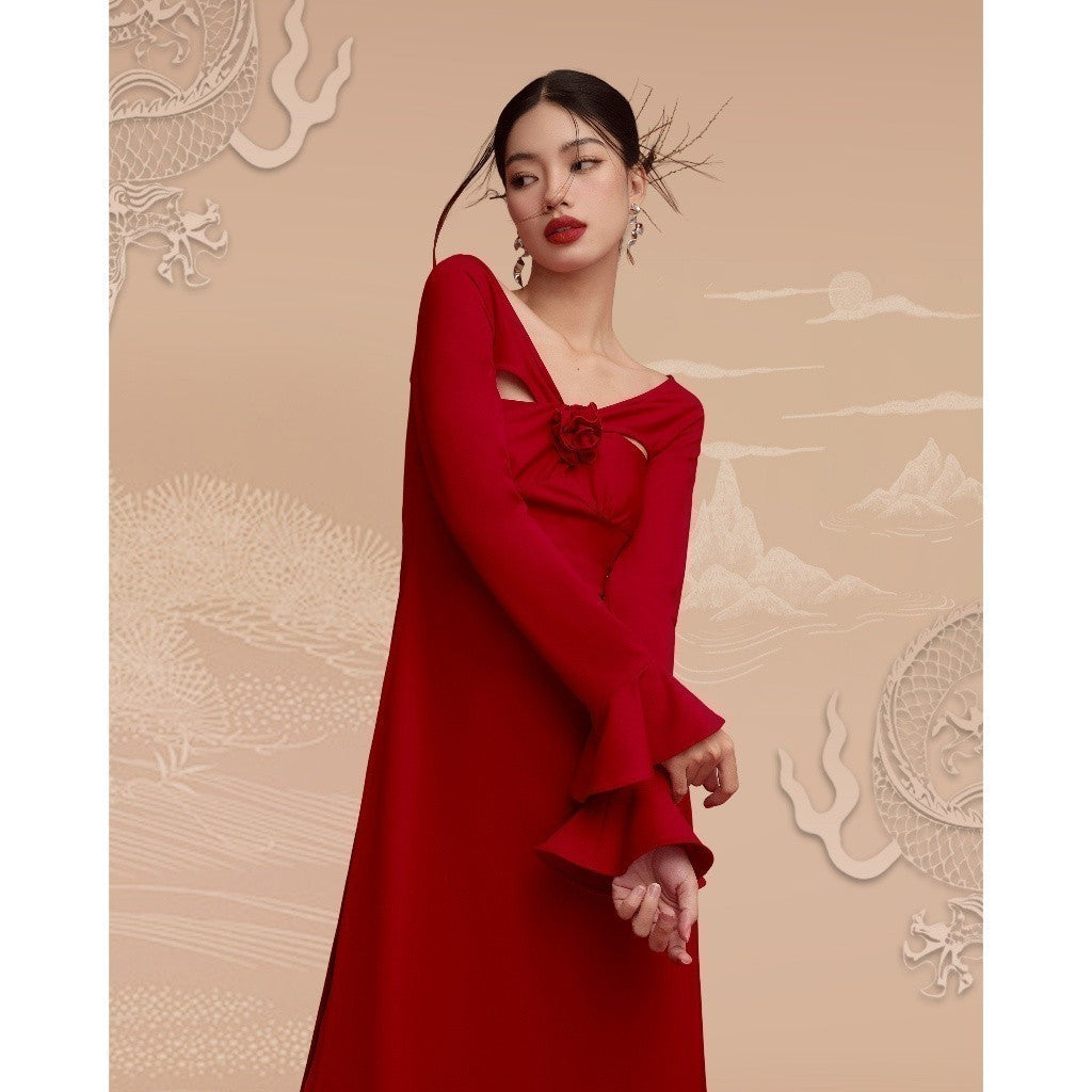 [BUY SHIRT AND GET PANTS] RECHIC An Chi Ao Dai with a bow on the chest and flared wrists, elegant and gentle