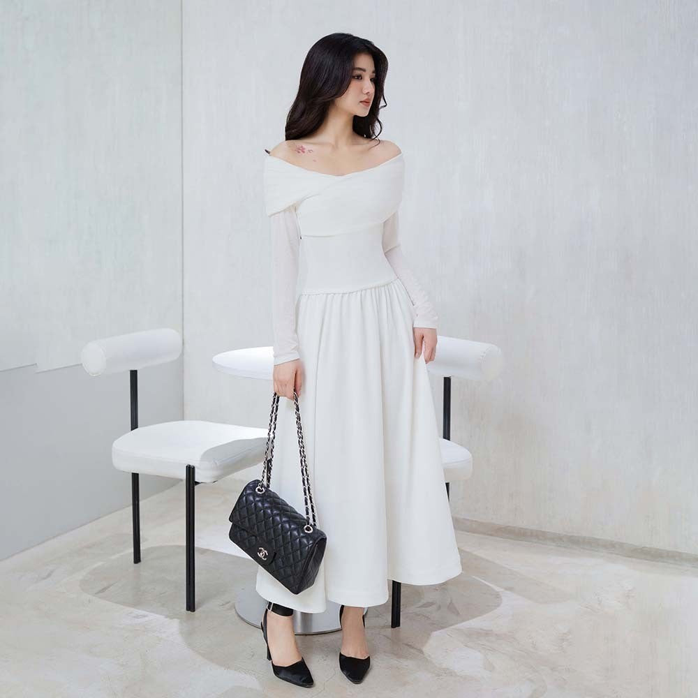 RECHIC Ryry off-the-shoulder dress with elegant long sleeves and flared design